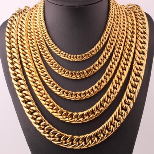 Gold Stainless Steel Necklace Curb Cuban Link Chain Bracelet Jewelry Christmas Gift 7-40inch 9/11/13/16/20mm for Choosing