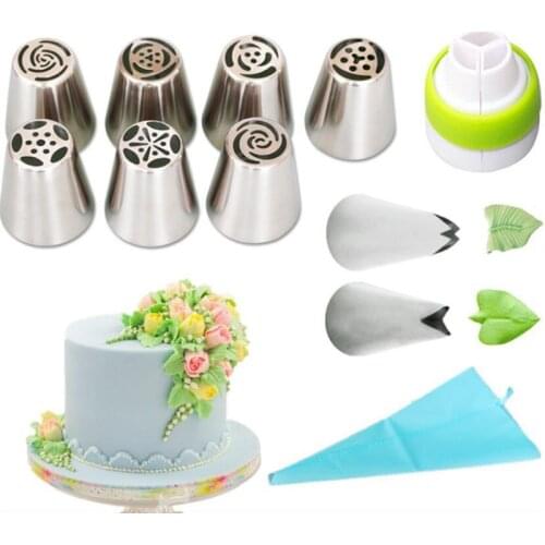11pcs/set Russian Flower Leaf Piping Tips 1 Adaptor 1 Silicone EVA Bag Cake Steel Tulip Icing Nozzle Converter Pastry Decorating