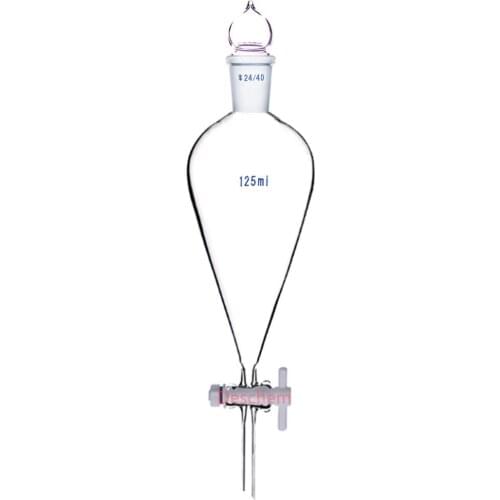 125ml,24/40,Pyriform Glass Separatory Funnel,Drop Tube,PTFE Stopcock