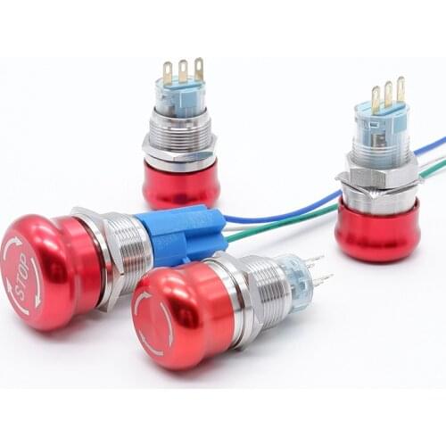 16mm 19mm 22mm Mushroom Push Button Switch Emergency STOP 1NO1NC 2NO2NC Waterproof Stainless Steel Metal Aluminum Self-locking/L