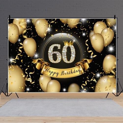 Happy 60th Birthday Golden Balloons Backdrop Family Surprise Party Photo Backgrounds Prop Banner Decor Photocall
