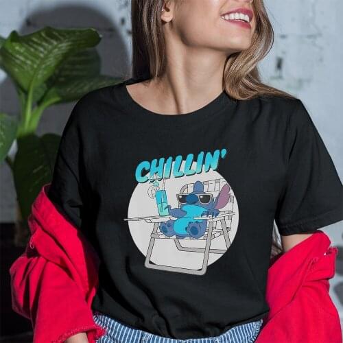 Oversized Tshirt Summer T Shirts Women New Kawaii Cartoon Disney Lilo and Stitch Chillin T-Shirt for Girls Students Tops Tees