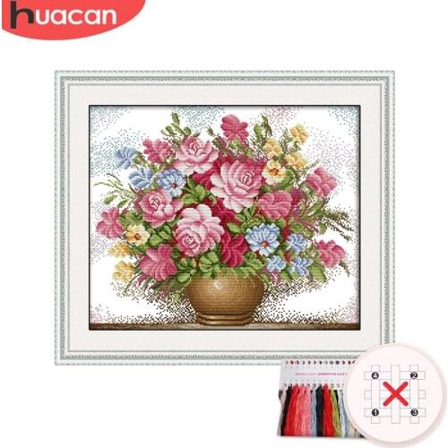 HUACAN Embroidery Flower Kit Needlework Cross Stitch Rose Floral Sets White Canvas DIY Gift Home Decor 11CT 14CT
