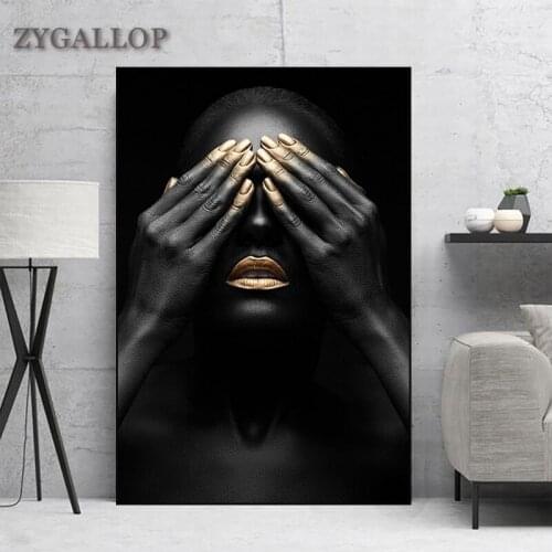 Black Woman Gold Lip and Hand Canvas Painting Cuadros Modern Decor Posters and Prints HD Print Wall Art Picture for Living Room