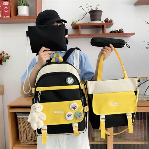 4 Piece Set Fashion Womens Backpack Kawaii Badge Doll Contrast Color School Bag For Girls Nylon Waterproof Large Travel Backbag