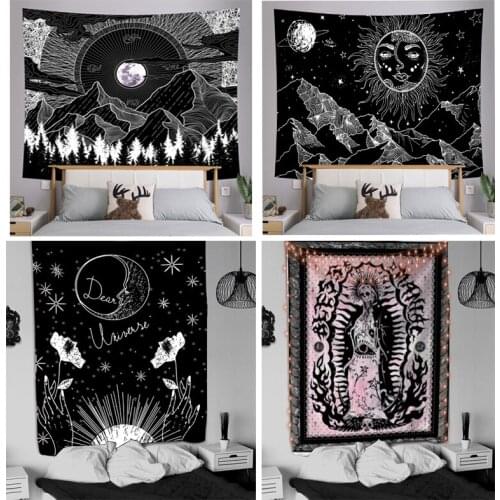 Mandala Tapestry White Black Sun And Moon Tapestry Wall Hanging Gossip Tapestries Hippie Wall Rugs Dorm Decor Blanket 95x73cm