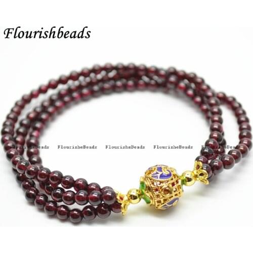 Multi Rows Natural Garnet Stone Round Beads Metal Ball Round Enamel Charm Bracelet Fashion Woman Party Jewelry