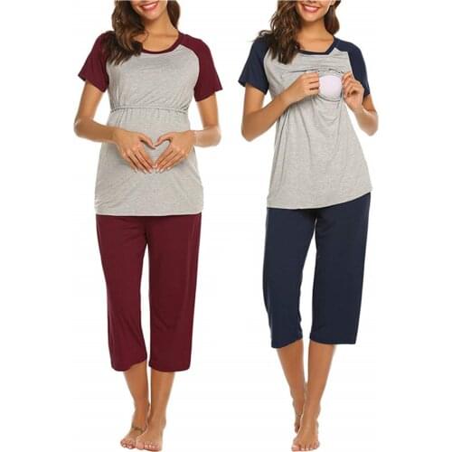 Fashion Women Solid Colors Short Sleeve Double Layer Nursing Maternity Pregnancy T-Shirts Tops Cropped Trousers Outfits Sets#g4