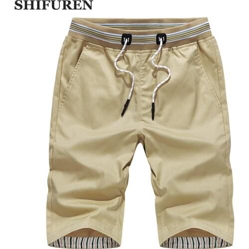 SHIFUREN Summer Mens Causal Cargo Shorts Knee Length 100% Cotton Elastic Waist Male Beach Boardshorts Trousers Big Size M-4XL