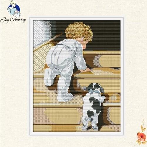 Joy Sunday Cute kids and dogs Set Handmade DIY Embroidery DMC 11CT 14CT animal Cross StitchNeedlework Kit For Gift Home Decor