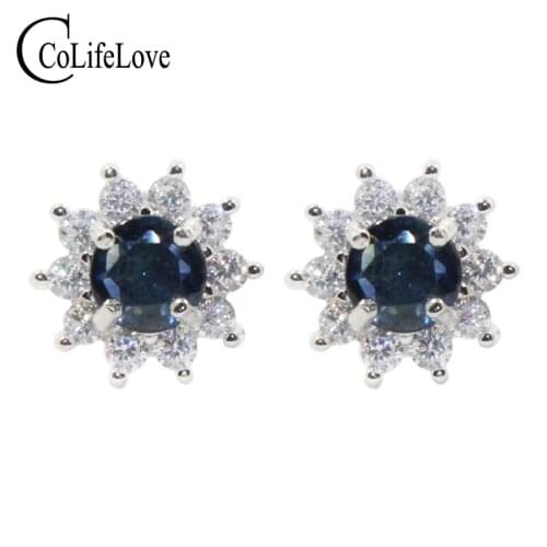 Dazzling 925 Silver Sapphire Stud Earrings Natural Dark Blue Sapphire Silver Earrings Solid 925 Silver Sapphire Jewelry