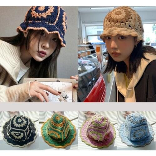 Panama Women Hollow Flower Knitted Bob Bucket Hat Handmade Crochet Color Matching Basin Hat Spring and Summer Sunscreen Sun Hat