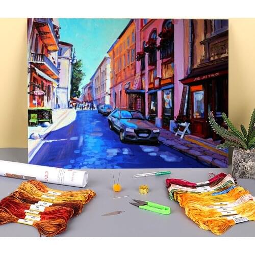 Landscape Lviv, Virmenska Str. Printed Water-Soluble Canvas 11CT Cross-Stitch DIY Embroidery Full Kit DMC Stamped