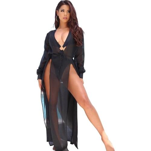 Women Beach Dress Chiffon Mesh Homewear V Neck Low Cut Sexy Party Cove Up Smock Split vestido feminino