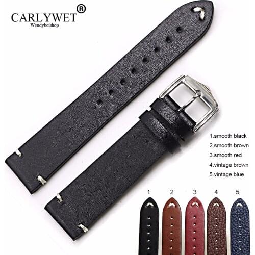 CARLYWET 20 22 24mm Wholesale New Style Cowhide Smooth Vintage Leather Black Brown Blue Red Watch Band Strap Belt Polish Buckle