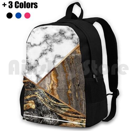 Silver Gray And Black Marble With Bronze Outdoor Hiking Backpack Waterproof Camping Travel Silver Marble Bronze Brass Luxury
