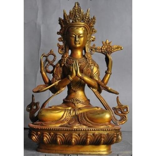 Old Tibet Buddhism bronze Gilt protect 4 Arms Chenrezig kwan-yin GuanYin statue