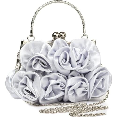 Elegant Silk Clutch Bag Wedding Evening Bags For Women Small Handbags Soft Surface Rose Floral Purse Bags With Chain Female