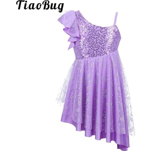 TiaoBug Kids Girls One-Shoulder Sequins Irregular Hem Ballet Tutu Gymnastics Leotard Dress Children Figure Skating Dance Costume
