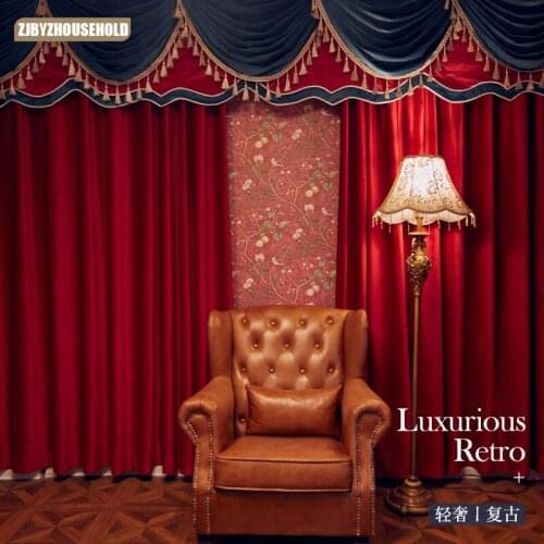 European Style Curtains for Living Room Bedroom Luxury Villa Dutch Velvet Solid Color Curtain Head Mantle Red and Blue Stitching