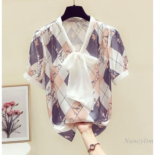 Blouses Shirts Womens 2021 Summer New Bow Lace Uo Collar Printing Chiffon Top Short Sleeve Blusas Nancylim