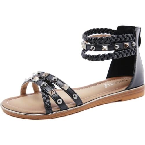 SIKETU Brand 2021 Original Summer Sandal Womens Shoes National Bohemian Flat Sandals Beach Knit Rivet Metalic Casual Shoes Cute