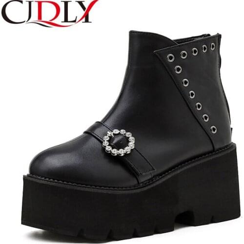 CJDLY Gothic Black Boots Women Rivet stitching Heel Sexy Chain Chunky Heel Platform Boots Female Punk Style Ankle Boots Zipper