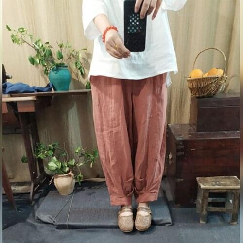 Women Loose Linen Elastic Waist Pants Ladies Casual Patchwork Solid Color Vintage Pants Female Flax Trousers 2019 Autumn Spring