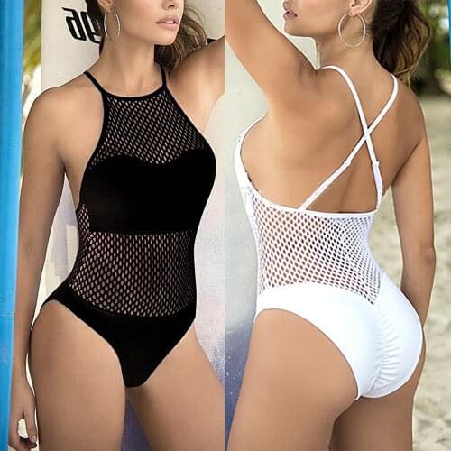Mesh One Piece Swimsuit Women High Neck Cross Bandage Monokini Push Up Bikini High Cut Out Swimwear Sexy Bodysuit Bathing Suits
