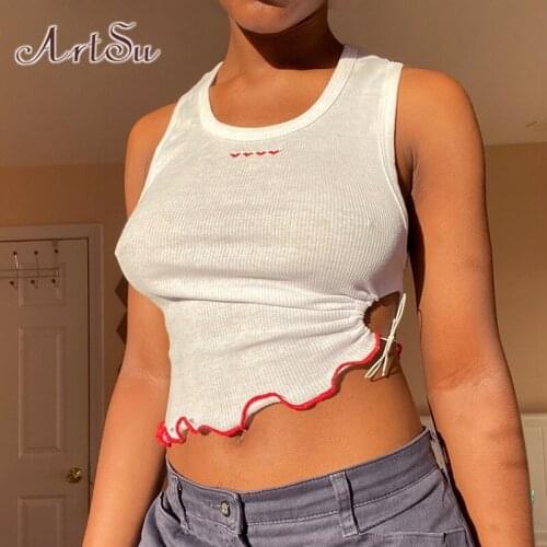 ArtSu Heart Basic Crop Top Women White Summer 2021 Y2K Embroidery Casual Hollow Out Black Bandage Sexy Tank Tops Female VE52838