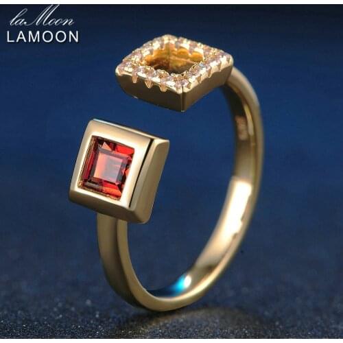 LAMOON 4mm 0.25ct 100% Natural Square Red Garnet Adjustable Ring 925 Sterling Silver Jewelry Women Romantic Wedding Band LMRI020