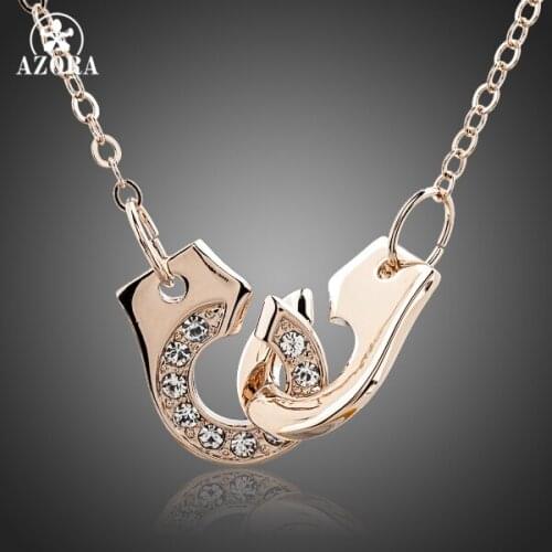 AZORA Hand In Hand Rose Gold Color Stellux Austrian Crystal Pothook Pendant Necklace TN0080