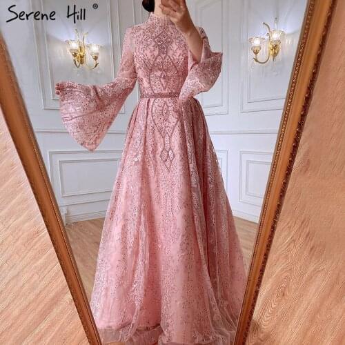 Serene Hill Pink Luxury Lace Beaded A-Line Evening Gown 2021 High Neck Modest For Muslim Women Formal Party Dress CLA71247