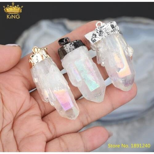 5pcs Titanium AB Natural White Quartz Freeform Point Pendants Jewelry,Quartz Crystal Chunky Point Charms For DIY Jewelry Making