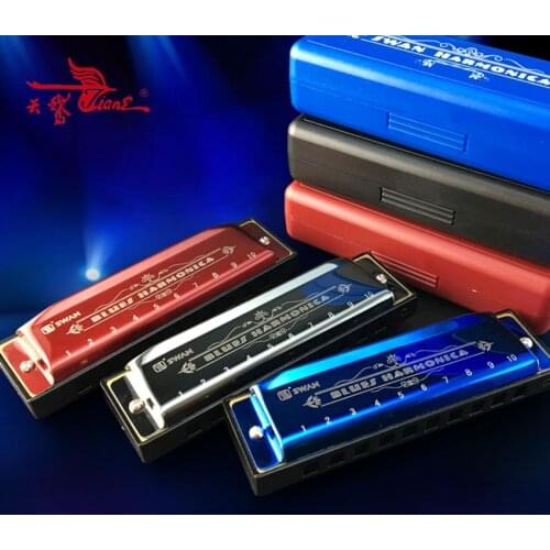 Swan 10 Holes Diatonic Blues Harp C Key Harmonica Mouth Organ Wind Musical Instrument Beginners Gifts Kids Adult Red Blue Silver