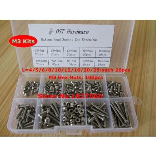 280pcs M2 M2.5 M3 Screw Kits ISO7380 Allen Bolts Button Head Hex Socket Cap Screw with Hex Nut Assortment Kit