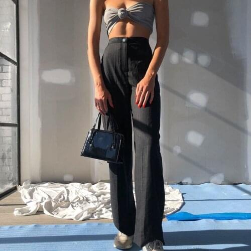 High Waist Straight Black Striped Pants Suit Pants Women 2021 Fashion Streetwear Ladies Loose Trousers Pockets