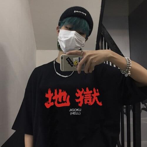 Summer Gothic Womens T-shirt Large Size Loose Dark Harajuku Letter Hip Hop Short Sleeve Hell Chinese Character Print T-shirt