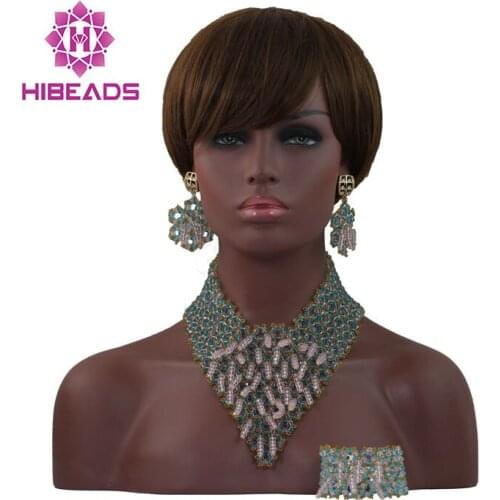 Exclusive Teal Blue/Peach Wedding Nigerian Beads Jewelry Set Crystal Beaded Pendant Necklace Set for Brides Free Shipping HX671