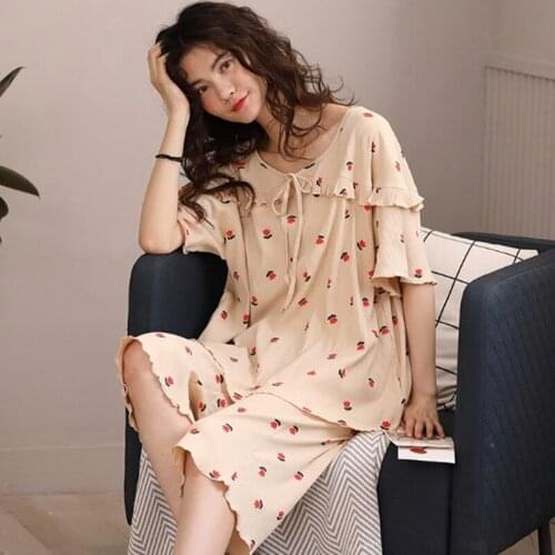 Korean ladies pajamas new short sleeve 3/4 pant two piece set cute cartoon cotton sleepwear pijama casual loose pyjamas women
