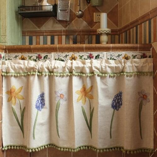DUNXDECO Short Curtain For Kitchen Door Half Cortinas American Country Style Garden Flora Daffodil Print Fresh Green Ball Border