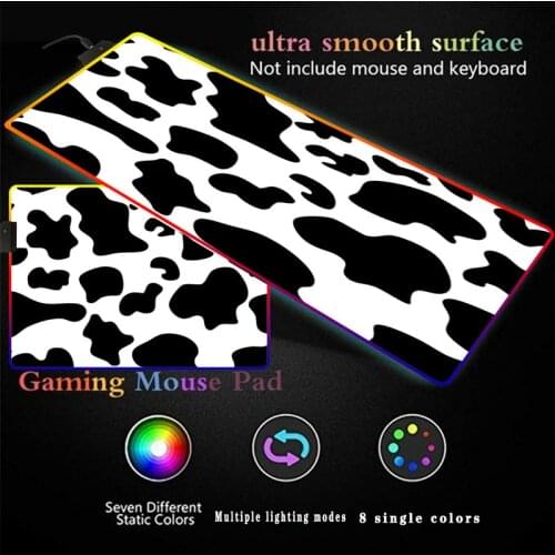 White Black Cow LED RGB Gaming Mouse Pad Large Gamer Mousepad USB Backlit Rainbow Non-Slip Rubber Computer Mat Keyboard Desk Pad