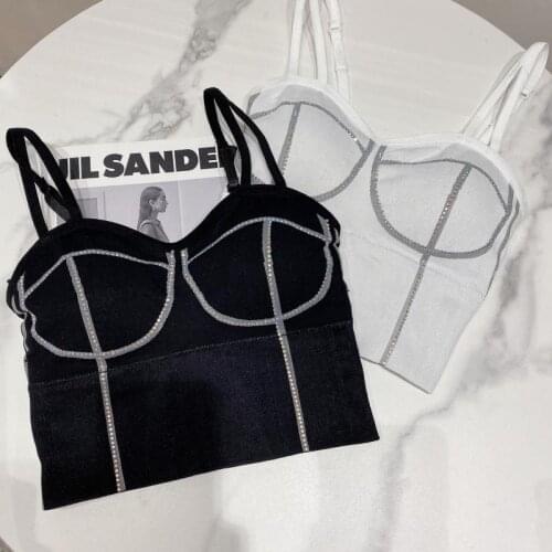 Womens Hot Rhinestone Shiny Slim Chest Bra Strap Tube Top Underwear and Outwear Ladies Clothes White Black