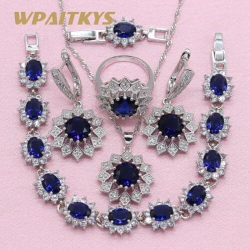 New Royal Blue Cubic Zirconia Silver Color Jewelry Sets For Women Flower Shaped Earring Pendant Necklace Ring Bracelet