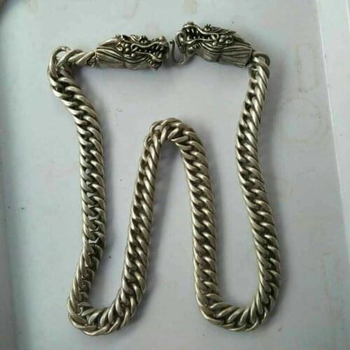 China Old National Style Tibet Silver Carve Mens Necklace Loong Head Necklace Old Objects Hand Ornaments Men