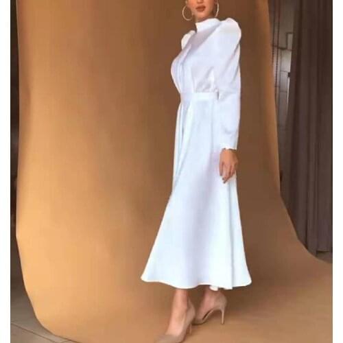 Middle East A-Line Long Satin White High-Neck Evening Dresses Ankle Length Zipper Back Pleated Formal Party Dress for Women