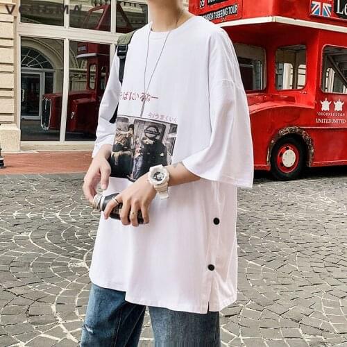 VERSMA Korean Casual Side Button Patchwork T-shirt Men Women American Streetwear Vintage Print Oversized Tshirt Men Dropshipping