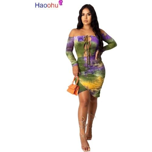 HAOOHU Casual Print Tie Dye Bandage Mini Dress New Women Long Sleeve Lace Up Bodycon Strapless Party Clubwear Dresses