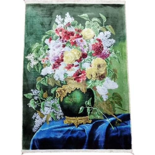 Seeykeep™ 2x3ft Flower Vase With Green Backcolor And Blue Tablecolth Silk Handknotted Modern Rug-FC3016106