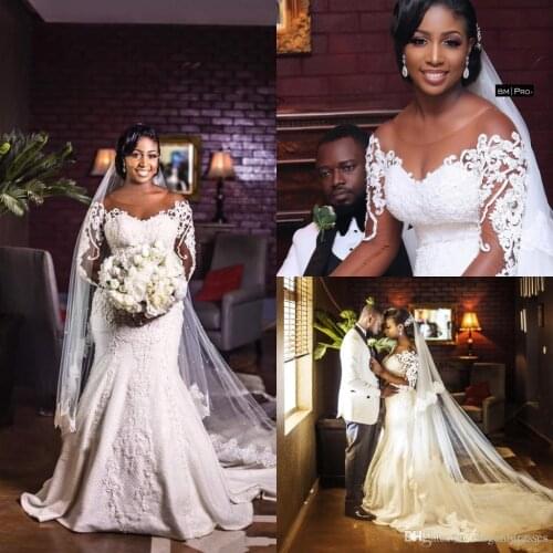 African Country Wedding Dresses With Sheer Long Sleeves Wedding Gowns Bateau Neck Mermaid Lace Applique Bridal Gowns